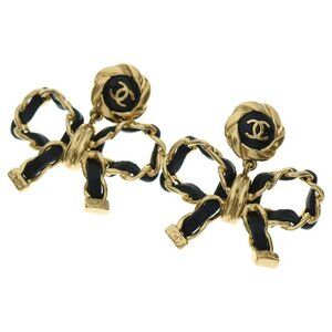 Chanel CC Logo Ribbon Earrings Set of 2 Black Gold